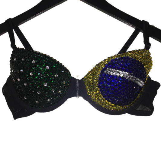 Green Yellow & Blue Crystal Rhinestone Brazil Theme T-Shirt Bra In Black