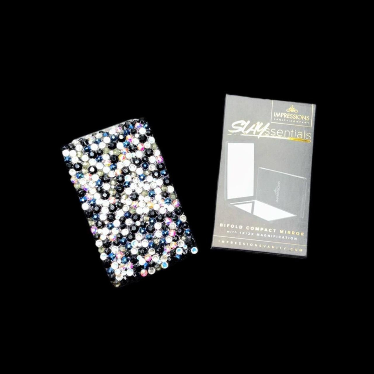 Black Luminous Crystal AB Iridescent Luxe Crystals & Pearls Bling Compact Mirror