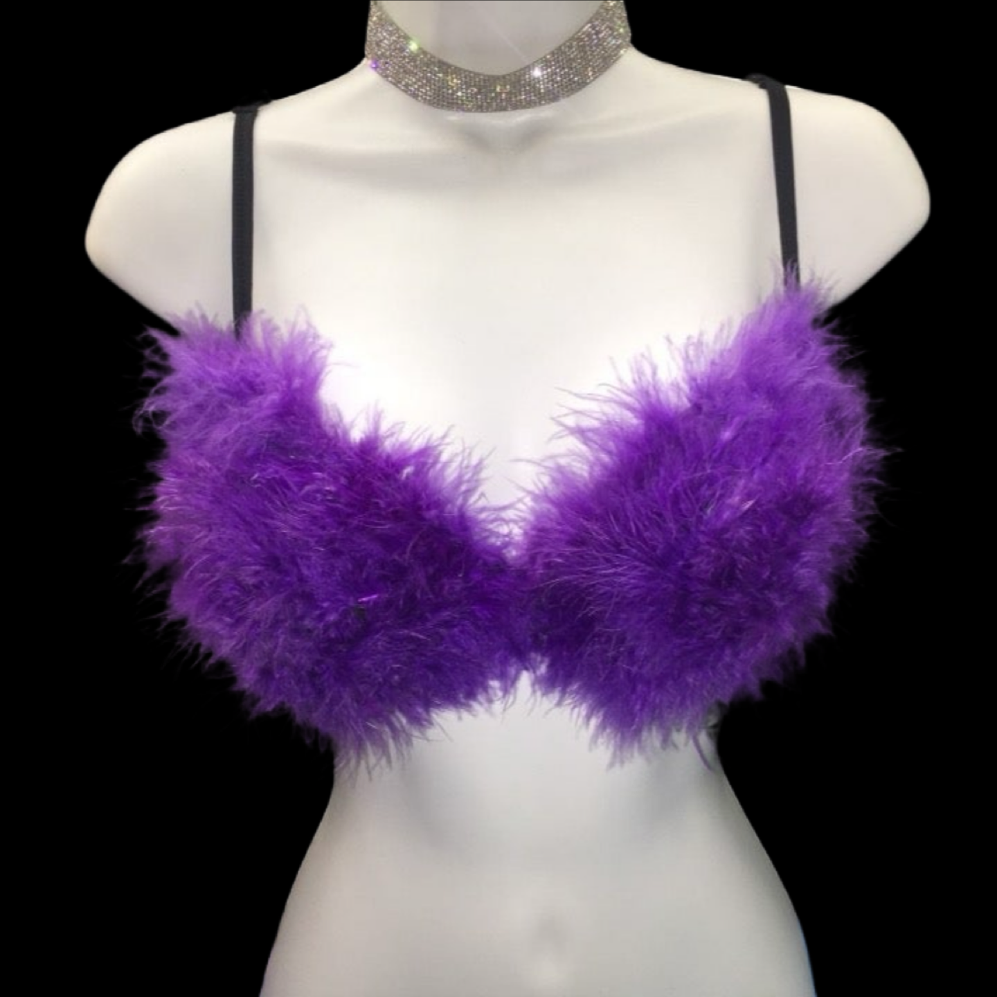 Purple Fluffy Feather Bra In Black