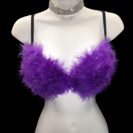 Purple Fluffy Feather Bra In Black