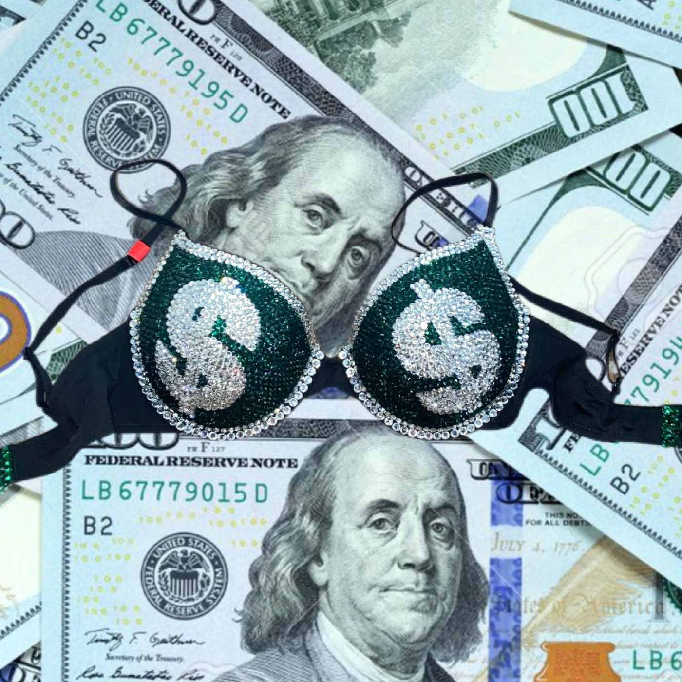 Emerald Green & Luxe Crystal Money T-Shirt Bra In Black