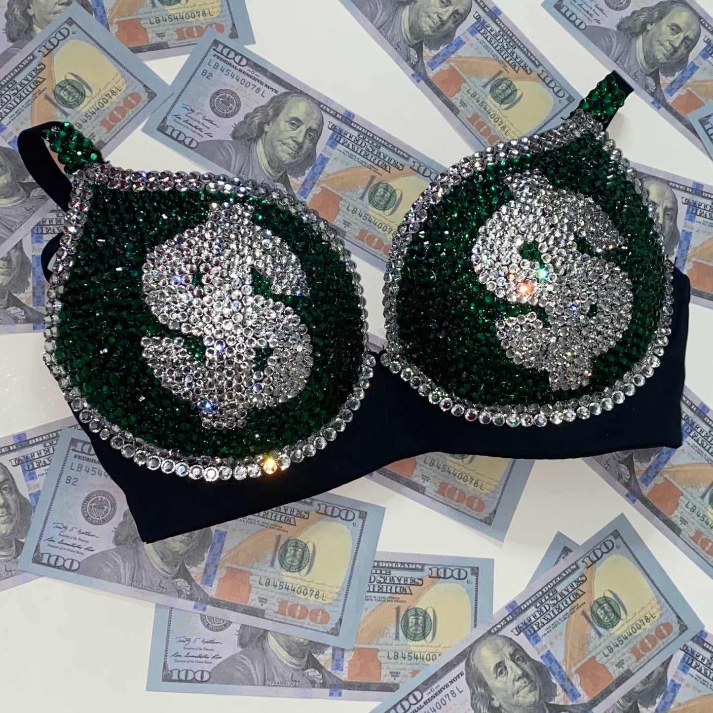 Emerald Green & Crystal Rhinestone Money T-Shirt Bra In Black