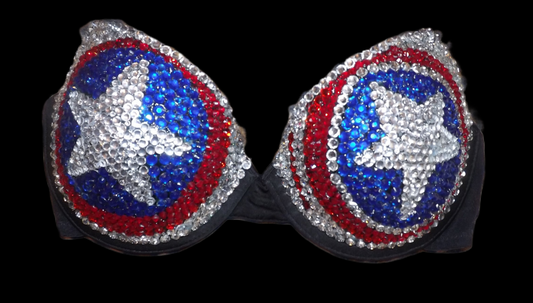 Red & Blue Crystal Rhinestone Superhero Theme T-Shirt Bra In Black