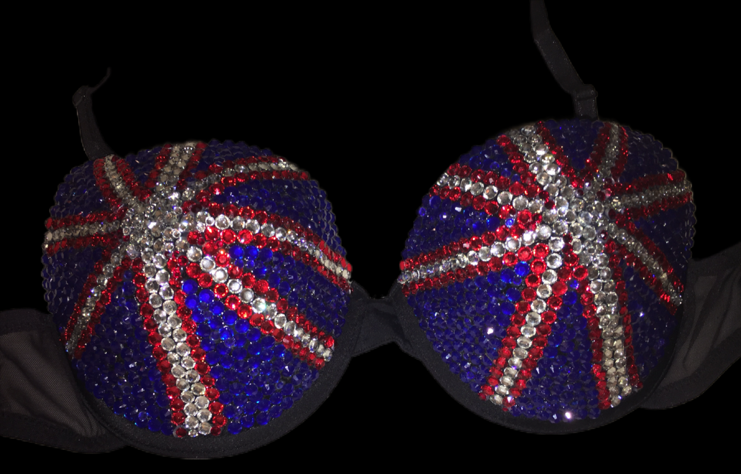Red Crystal & Blue Crystal Rhinestone UK Theme T-Shirt Bra In Black