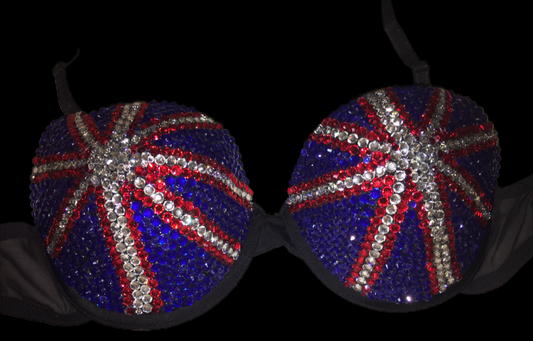 Red Crystal & Blue Crystal Rhinestone UK Theme T-Shirt Bra In Black