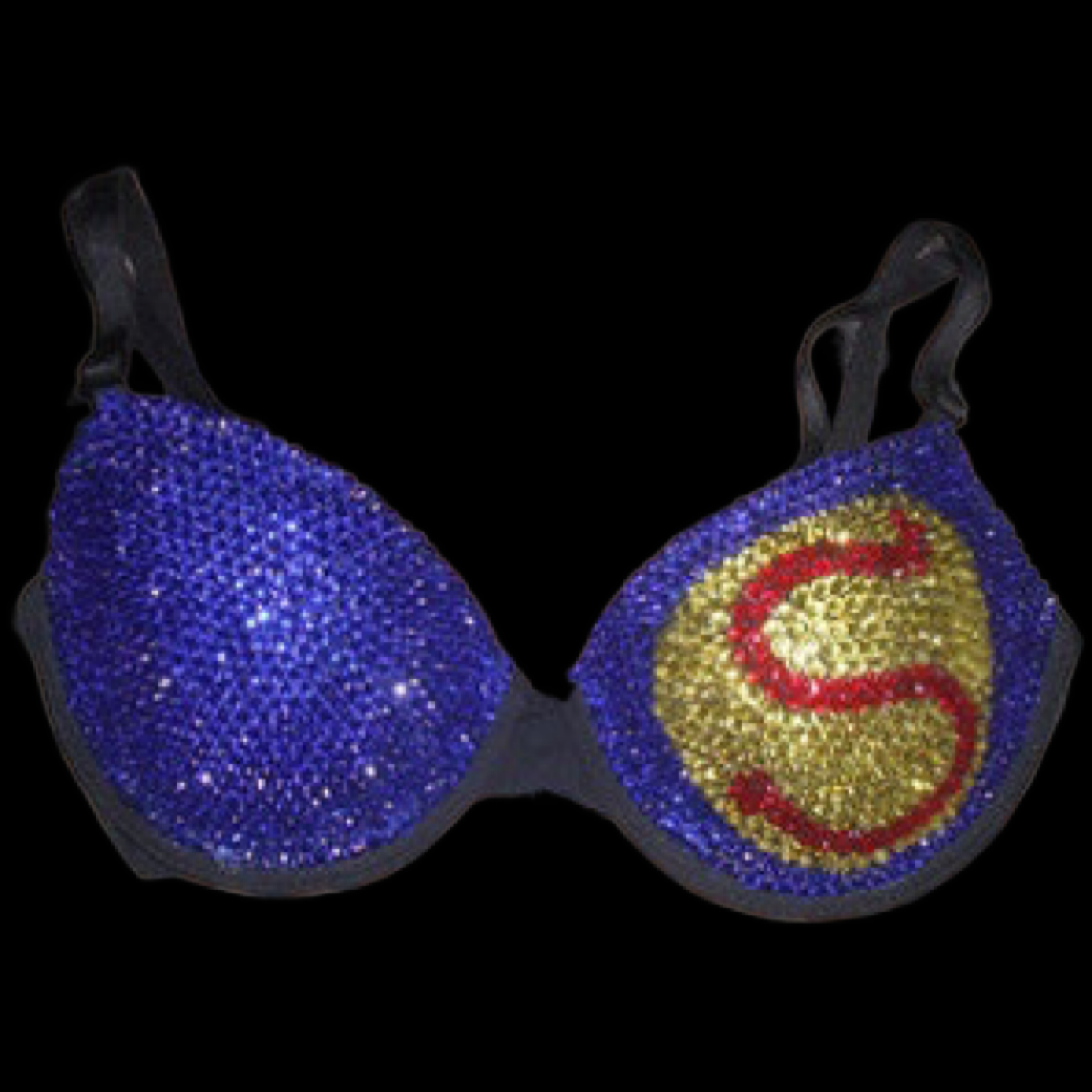 Red Yellow & Blue Crystal Rhinestone Superhero Theme T-Shirt Bra In Black