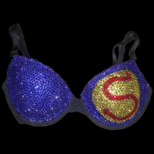 Red Yellow & Blue Crystal Rhinestone Superhero Theme T-Shirt Bra In Black