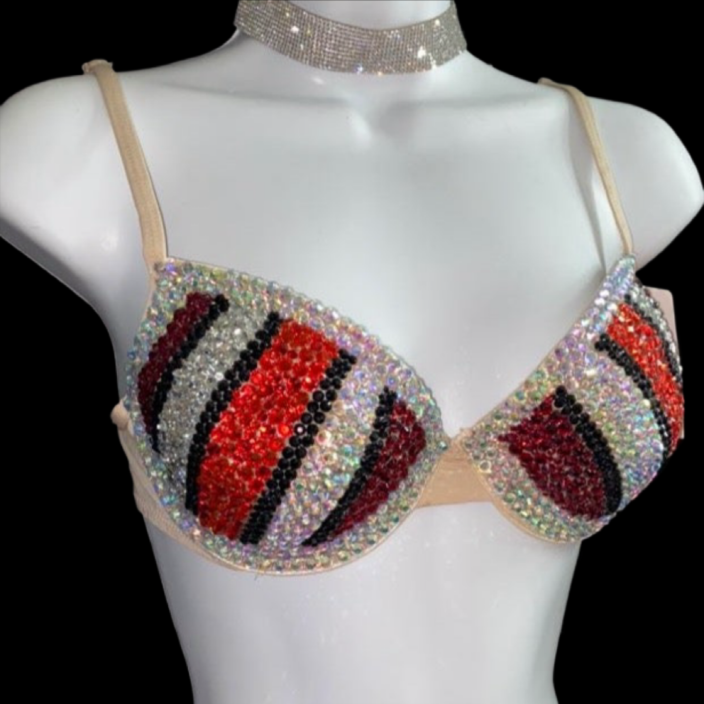 Siam Red AB Rhinestone Crystal Pin Stripe T-Shirt Bra In Nude
