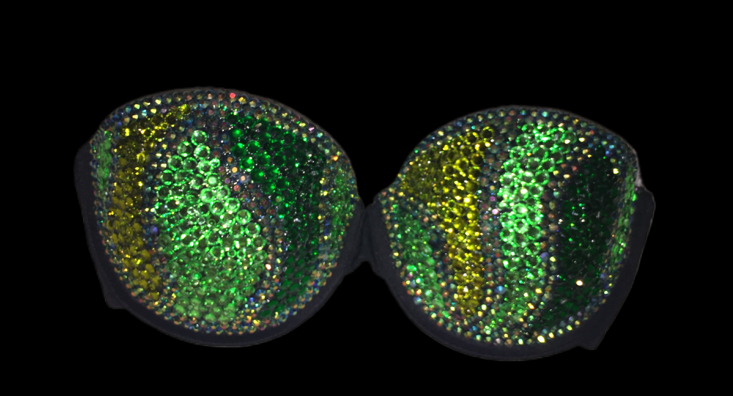 Green Mix Swirls Crystal Rhinestone Strapless Bra In Black