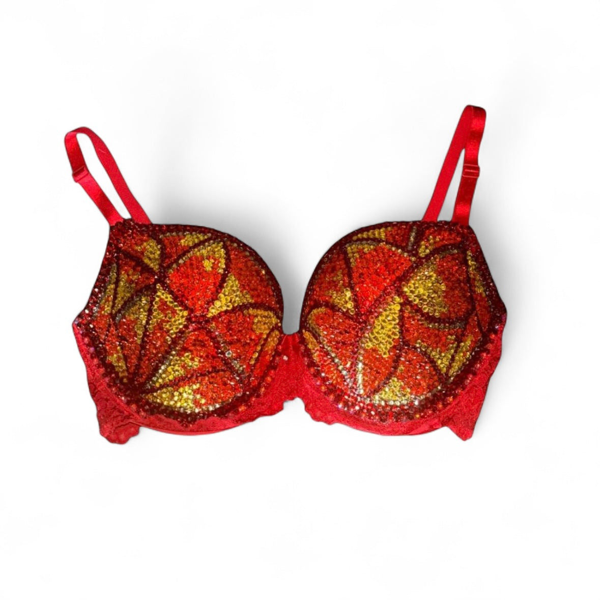Fire Swirls Red Crystal AB Yellow Orange & Red  Bra Top Size 34DD