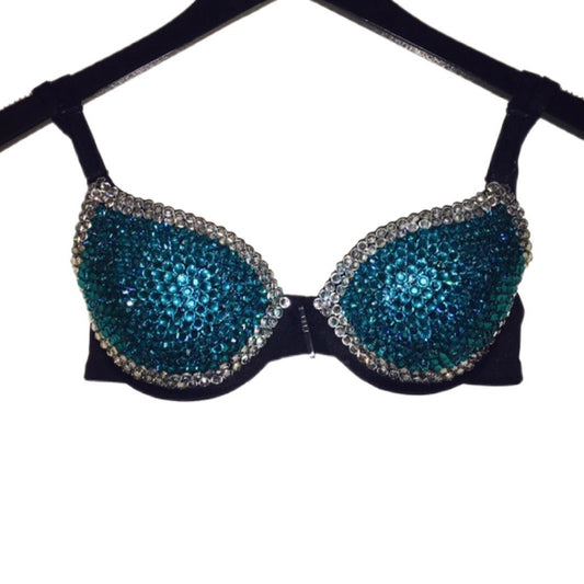 Teal Blue Zircon & Crystal Rhinestone Duo T-Shirt Bra In Black