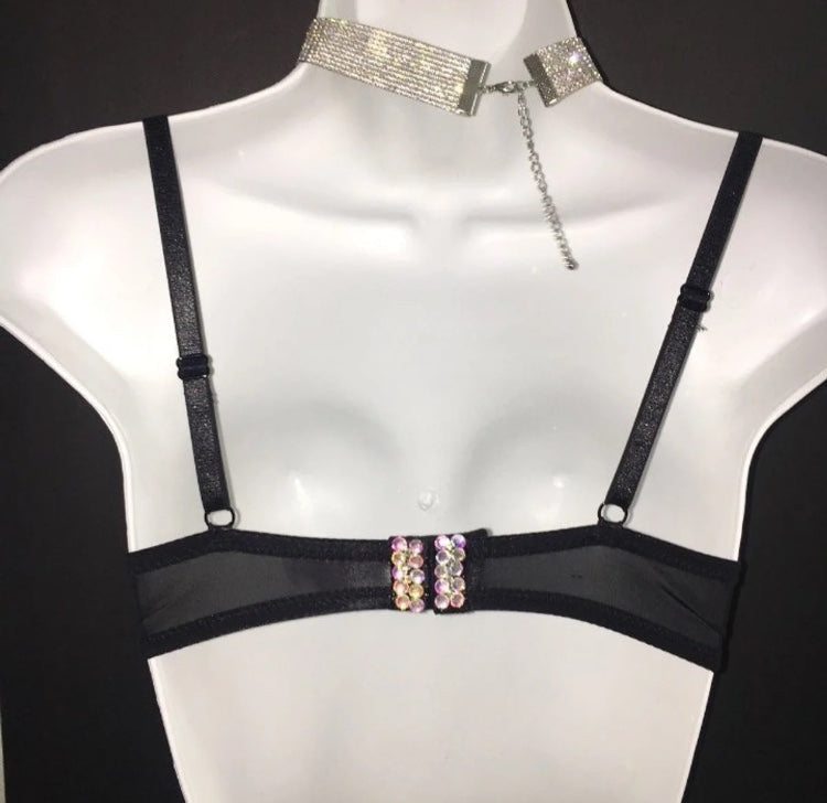 Jet Black And Crystal AB Iridescent T-Shirt Bra In Black