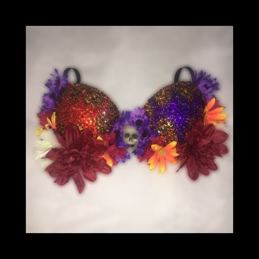 Orange Gold Purple Crystal & Flowers Day Of The Dead T-Shirt Bra In Black