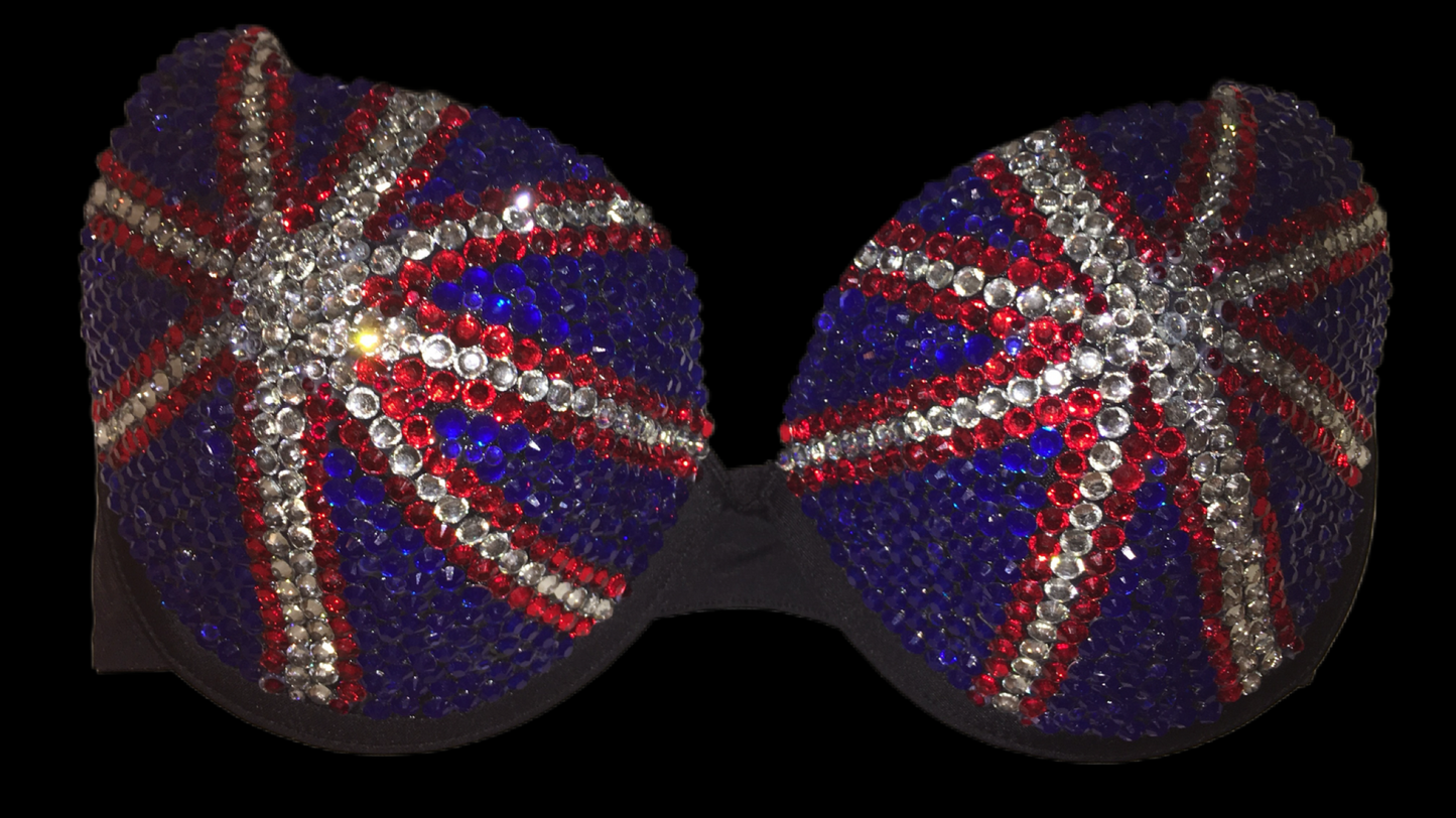 Red Crystal & Blue Crystal Rhinestone UK Theme T-Shirt Bra In Black