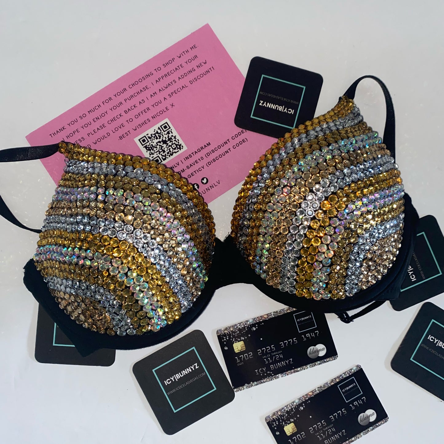 Gold & Black Mix Sidestripe Crystal Rhinestone T-Shirt Bra In Black