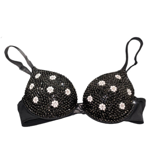 Black & Crystal Daisy Theme Bra 34B