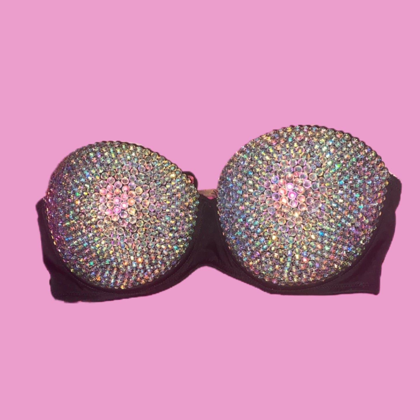 Crystal AB Iridescent Strapless Bra In Black