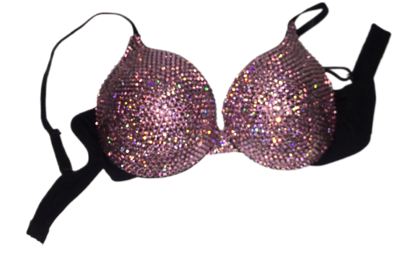 Light Rose Pink Rhinestone Crystal Plunge T-Shirt Bra In Black