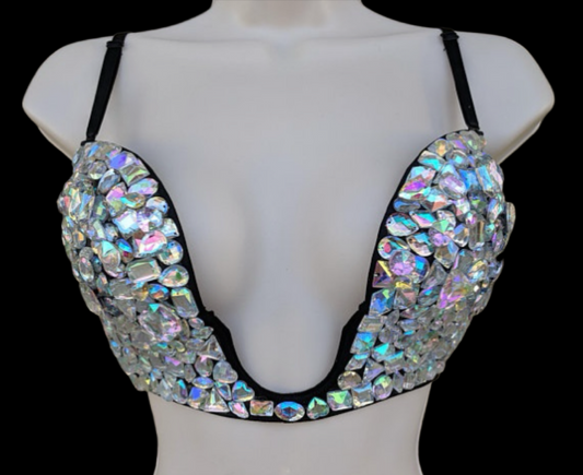 Crystal AB Iridescent Diamond Wireless V-Plunge Bra In Black