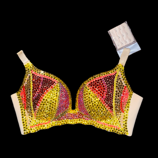 Yellow Crystal & Diamond Swirls Wireless Bra In Nude