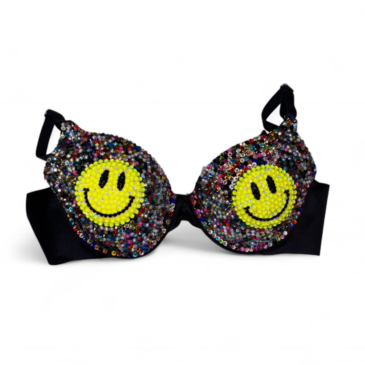 Smiley Face Multi Colour Black Crystal Bra Top Size 34B
