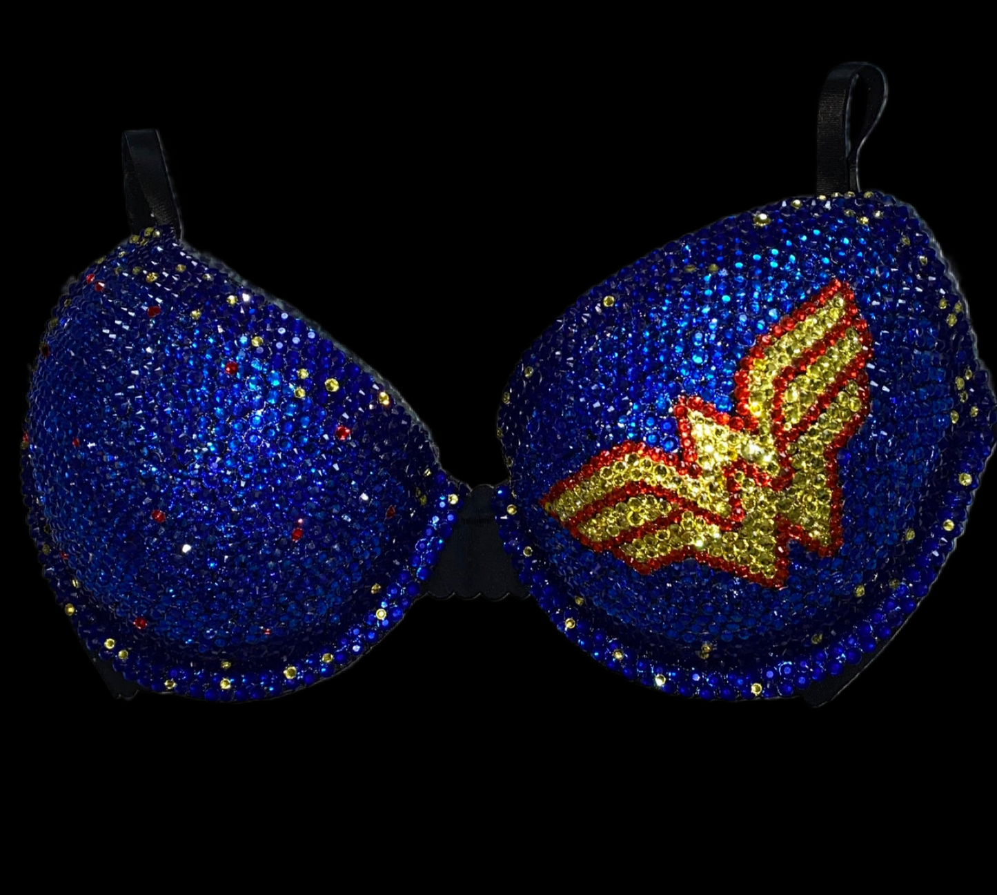 Red Yellow & Blue Crystal Rhinestone Comic Theme T-Shirt Bra In Black