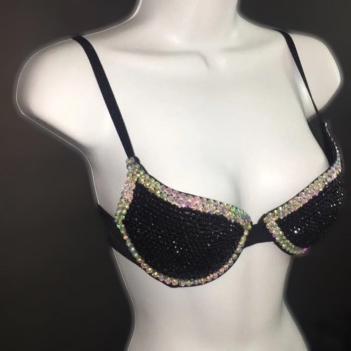 Jet Black And Crystal AB Iridescent T-Shirt Bra In Black