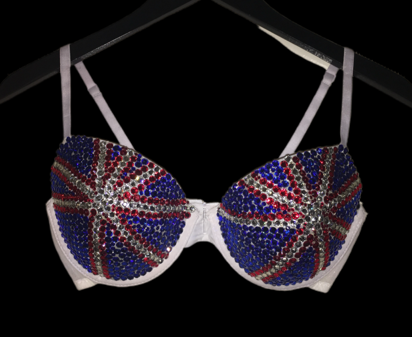 Red Crystal & Blue Crystal Rhinestone UK Theme T-Shirt Bra In White