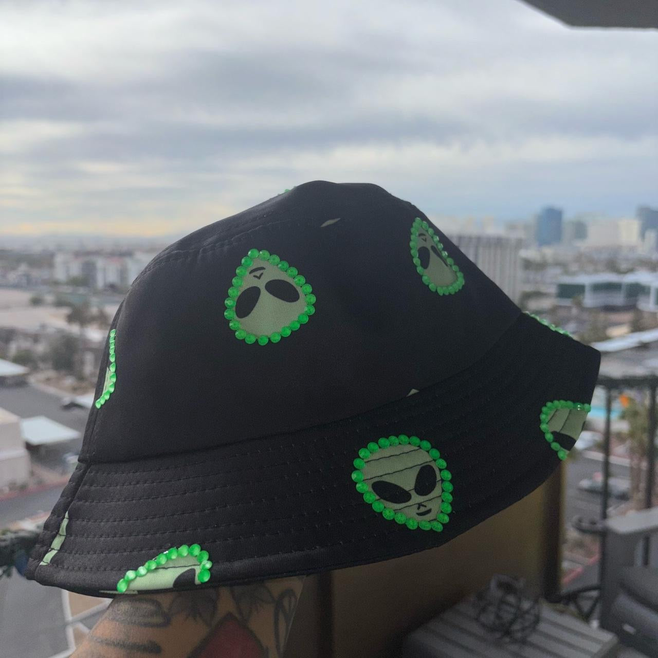 Neon Rhinestones Alien Bucket Hat