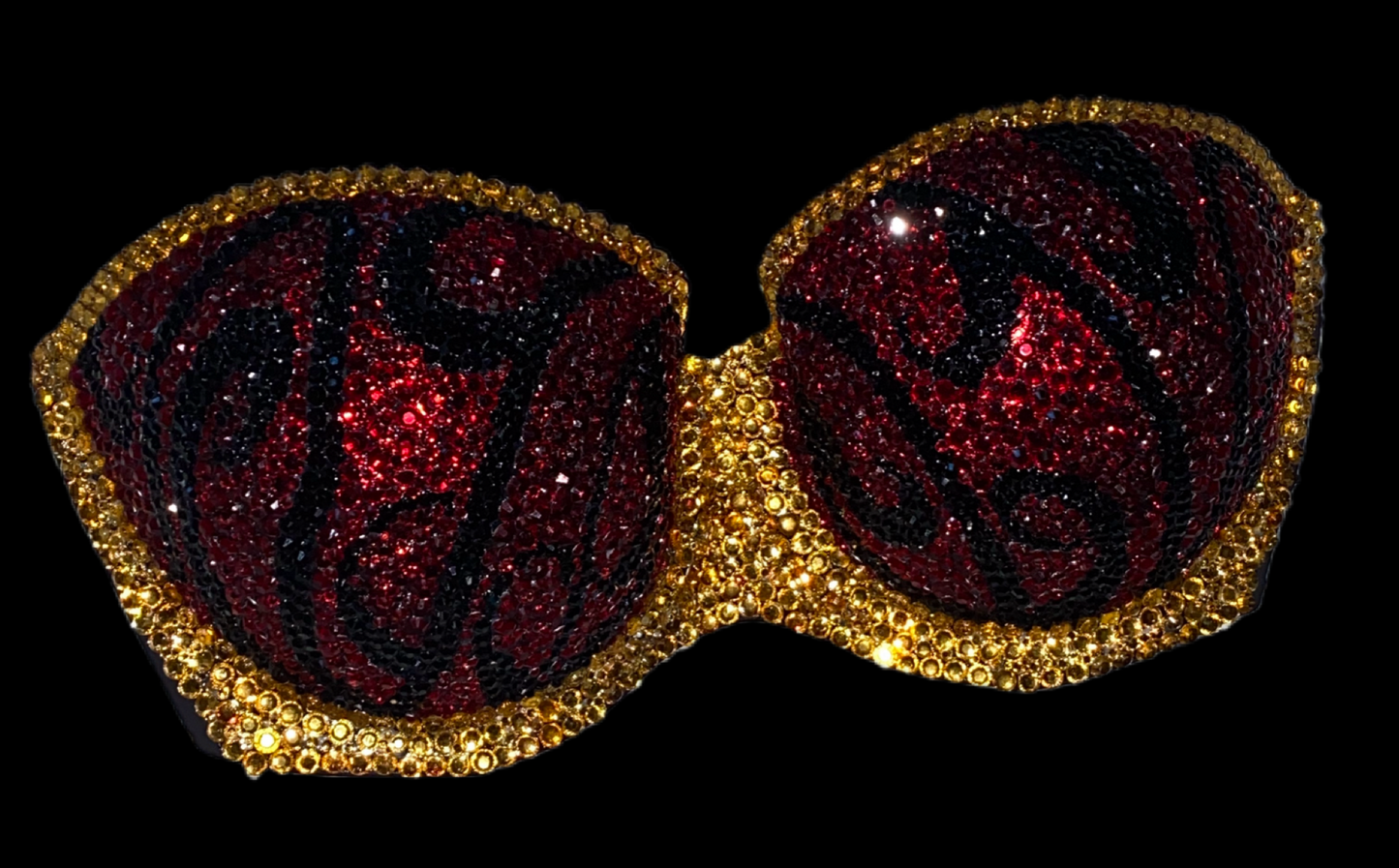Dark Siam Red & Gold Rhinestone Vintage Swirls Strapless Bra In Black