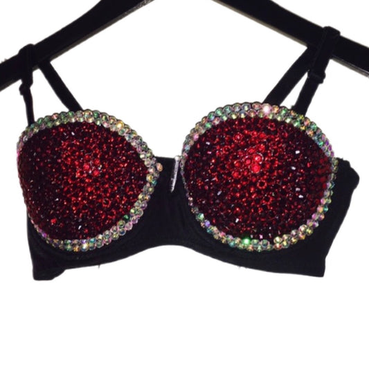 Dark Siam Red Rhinestone & AB Crystal Duo Strapless Bra In Black