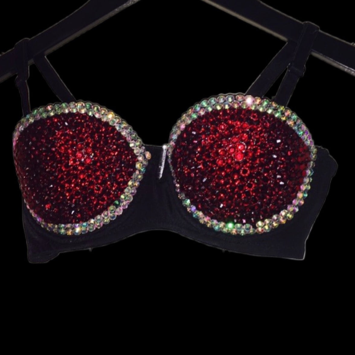 Dark Siam Red Rhinestone & AB Crystal Duo Strapless Bra In Black