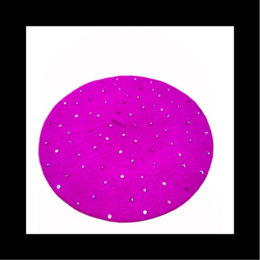 Beret Hat In Hot  Pink With  Pink Tones & Luxe Crystals