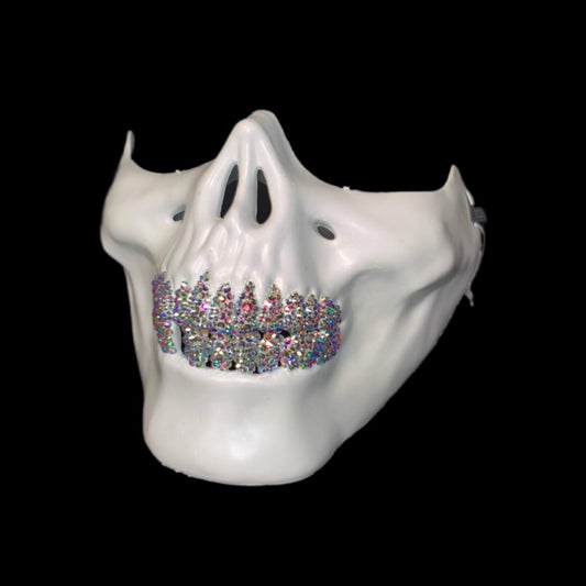 White Half Skull Mask With Crystal AB Iridescent Grillz