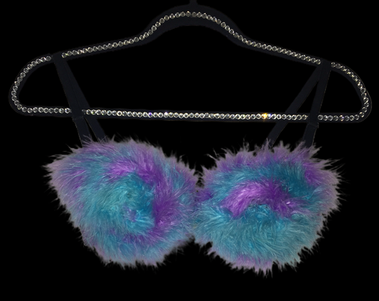 Purple & Baby Blue Fluffy Feather Strapless Bra In Black