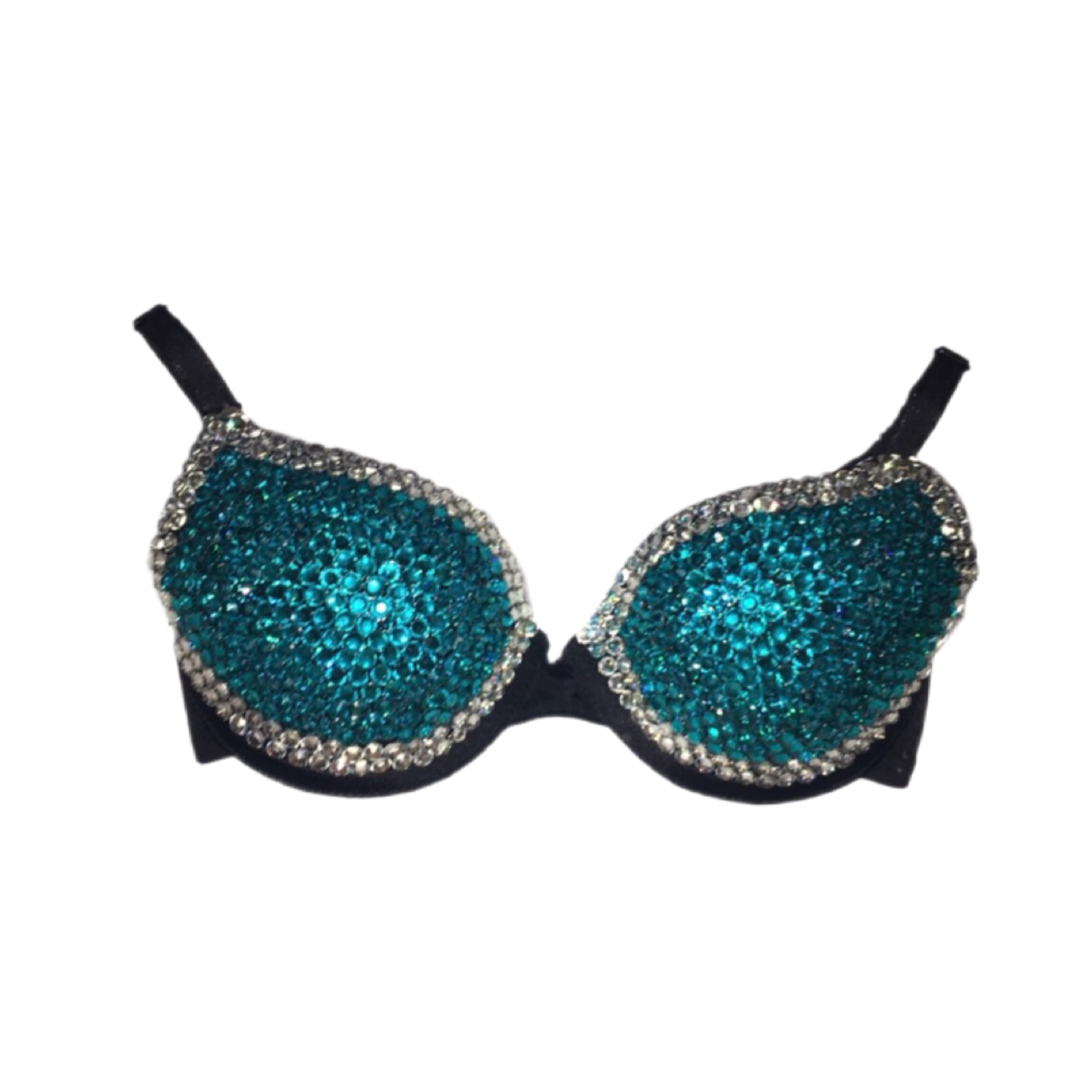 Teal Blue Zircon & Crystal Rhinestone Duo T-Shirt Bra In Black