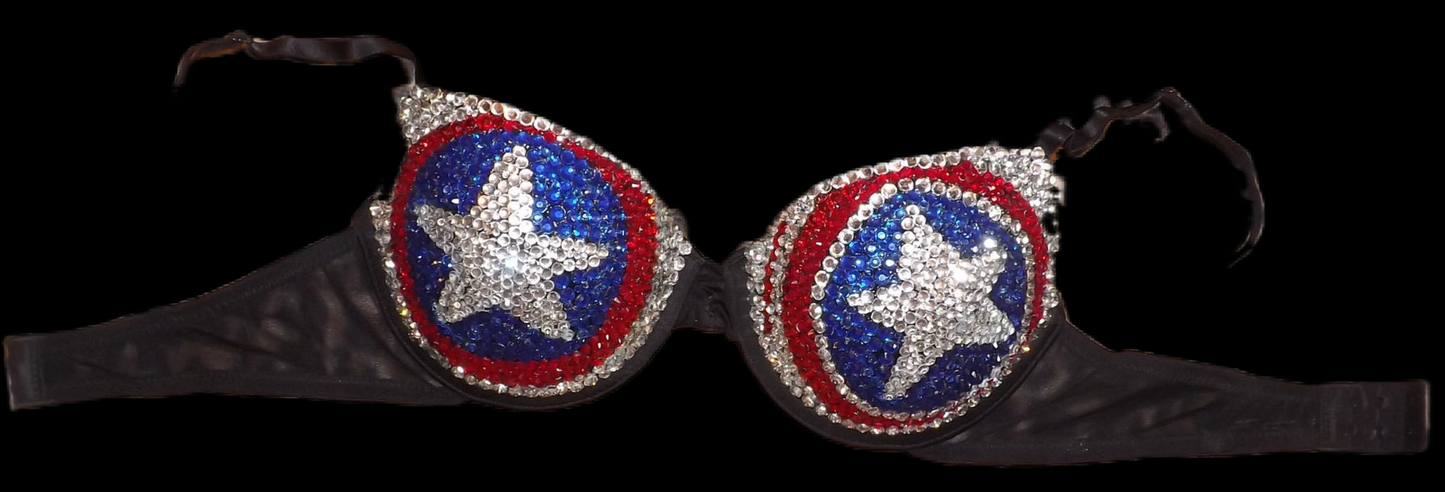 Red & Blue Crystal Rhinestone Superhero Theme T-Shirt Bra In Black