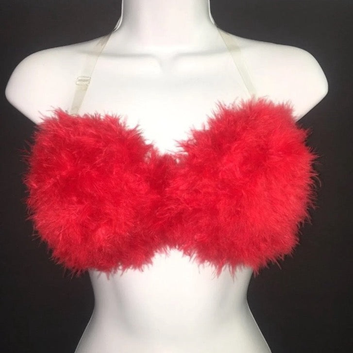 Red Fluffy Feather Strapless Bra In Nude