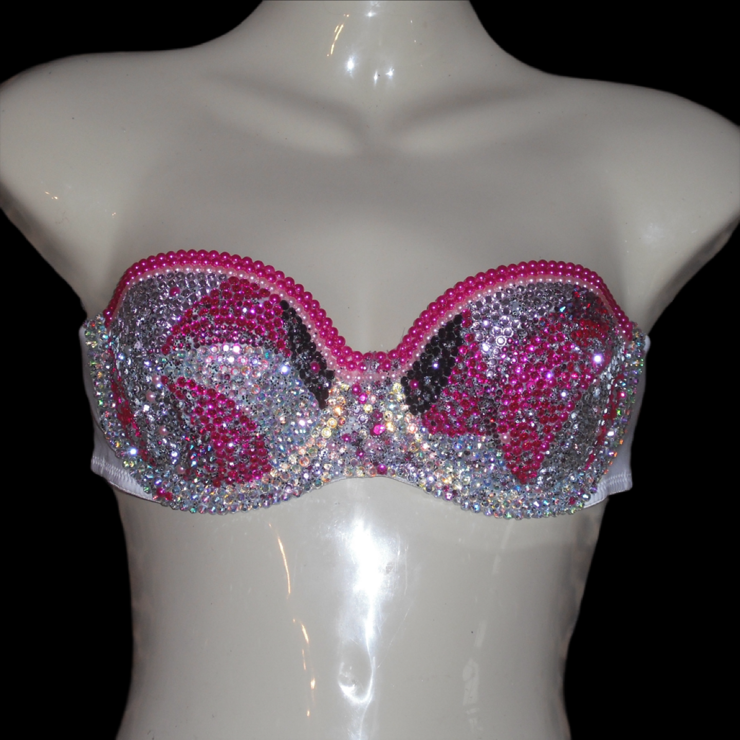 Pink Pearls & Crystal Rhinestone Swirls Strapless Bra In White