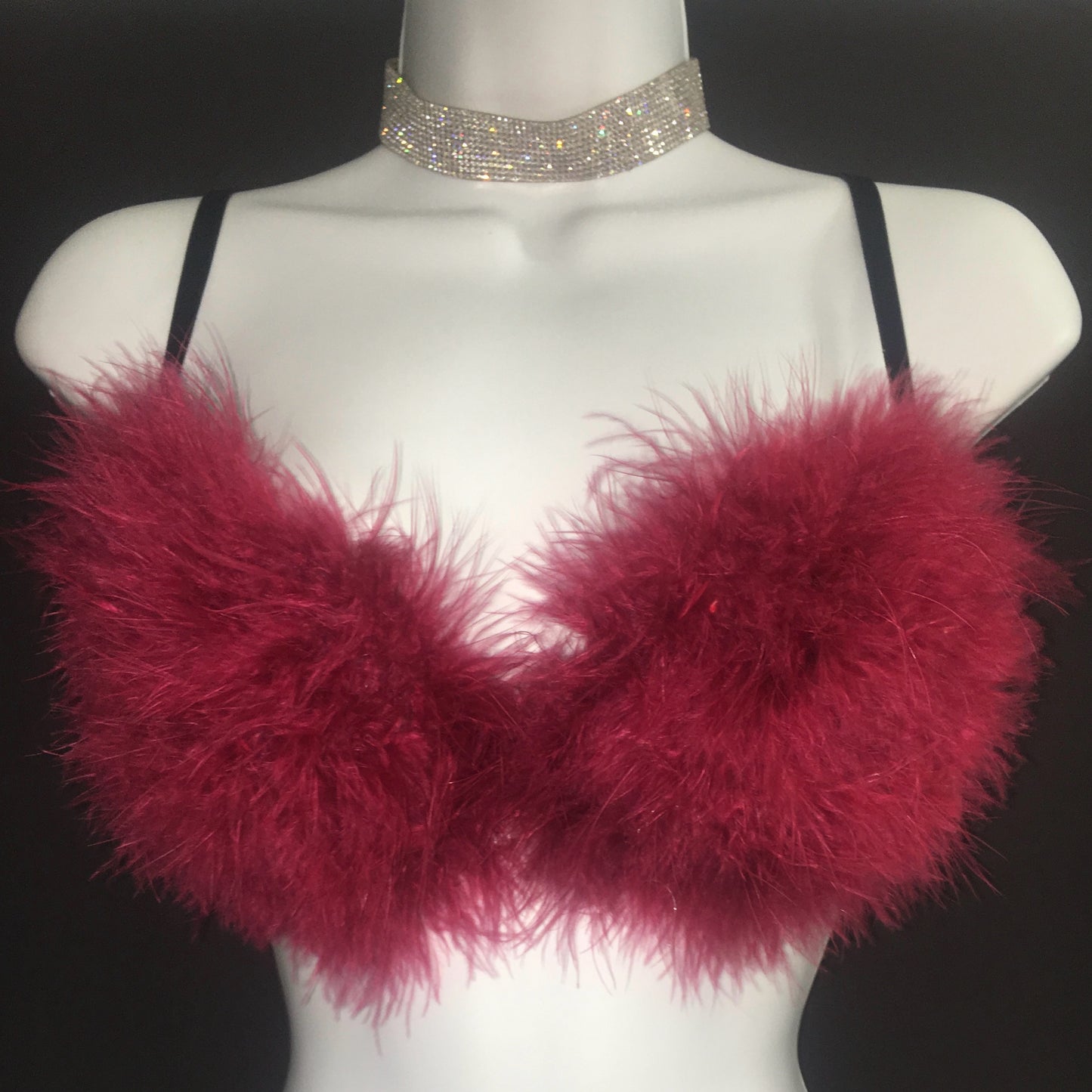 Burgundy Red Fluffy Feather Bra In Black