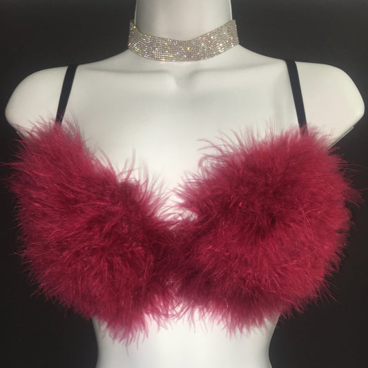 Burgundy Red Fluffy Feather Bra In Black