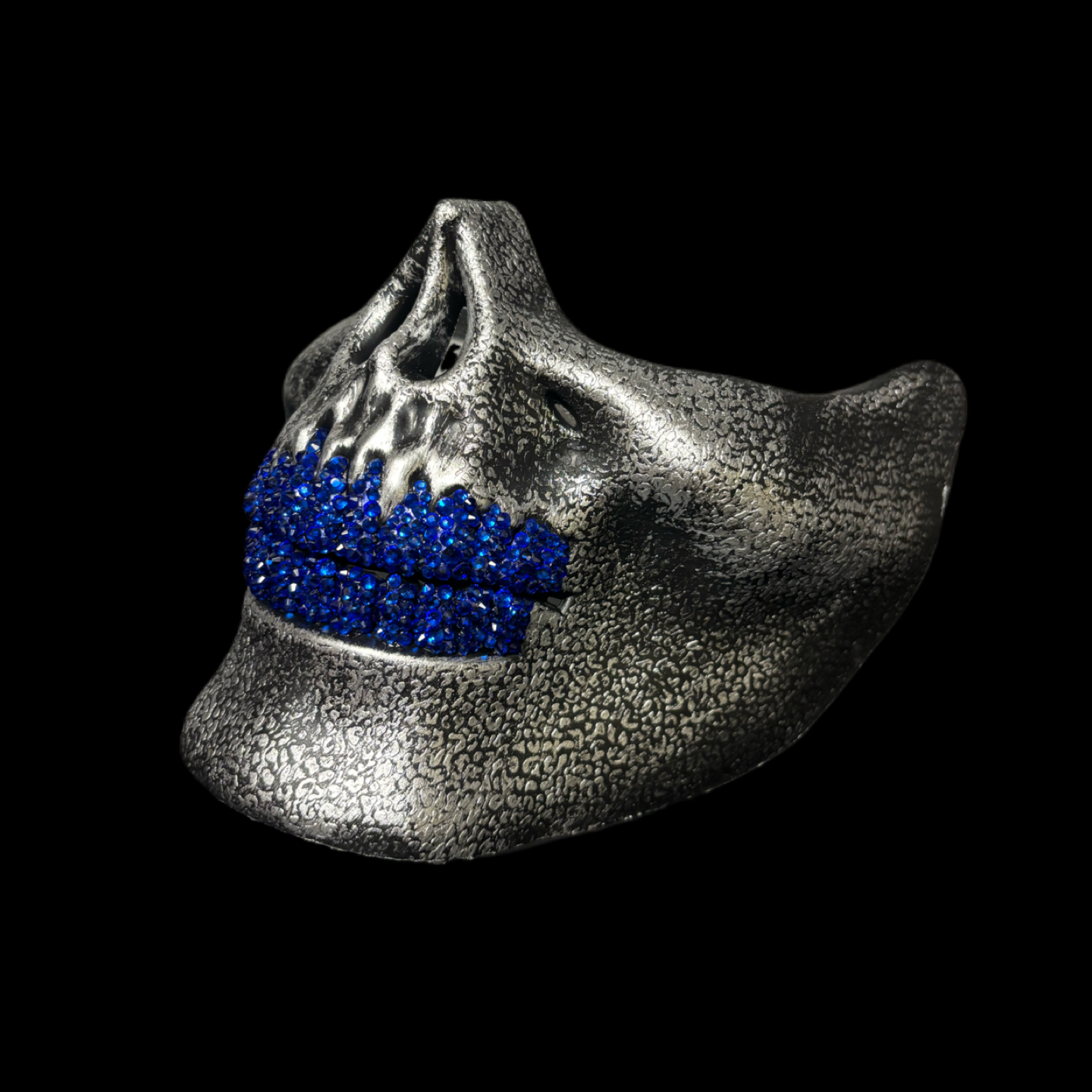 Vintage Silver Half Skull Mask With Sapphire Blue Crystal Grillz