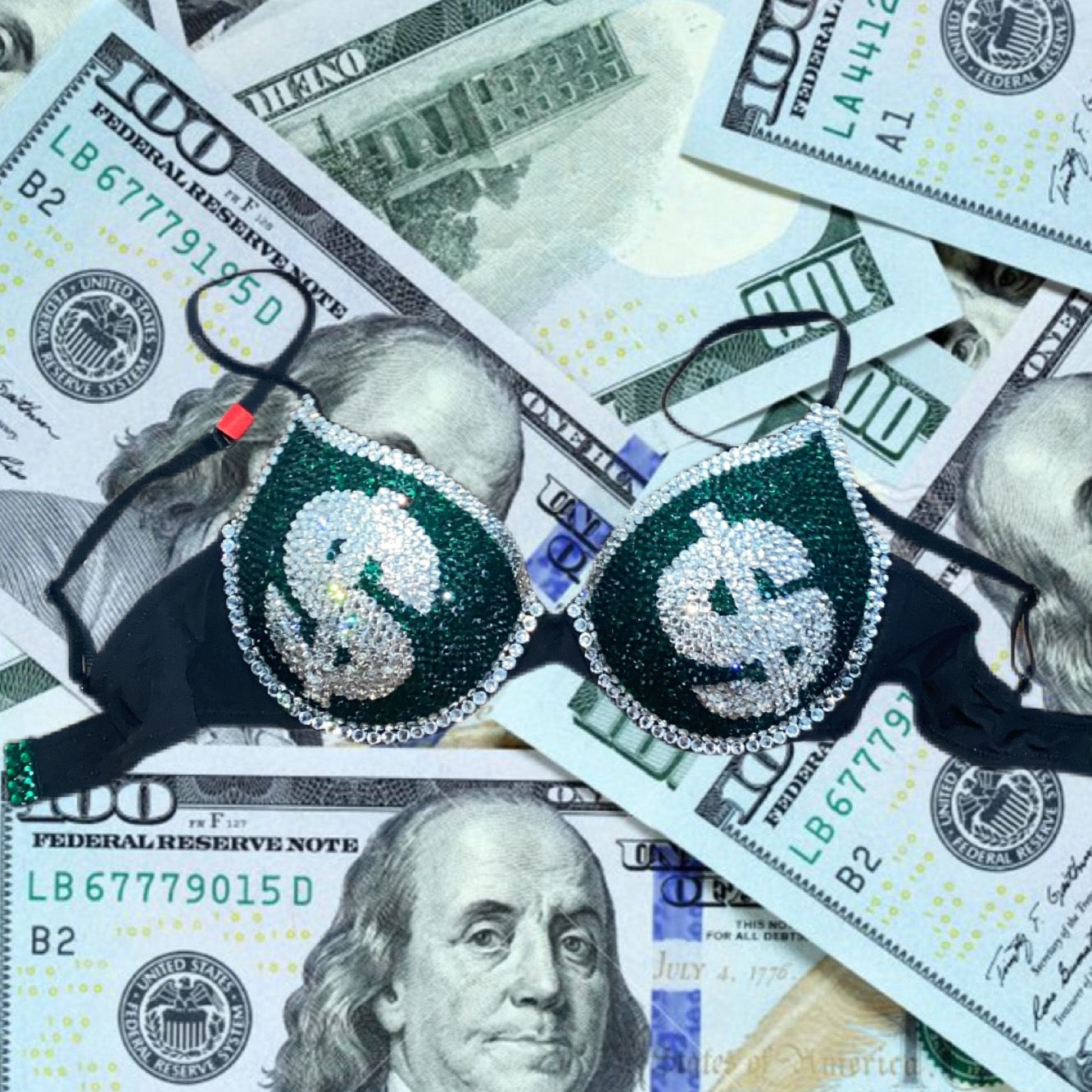 Emerald Green & Luxe Crystal Money T-Shirt Bra In Black