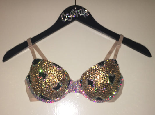 Crystal Rhinestone Leopard Print Design T-Shirt Bra In Nude
