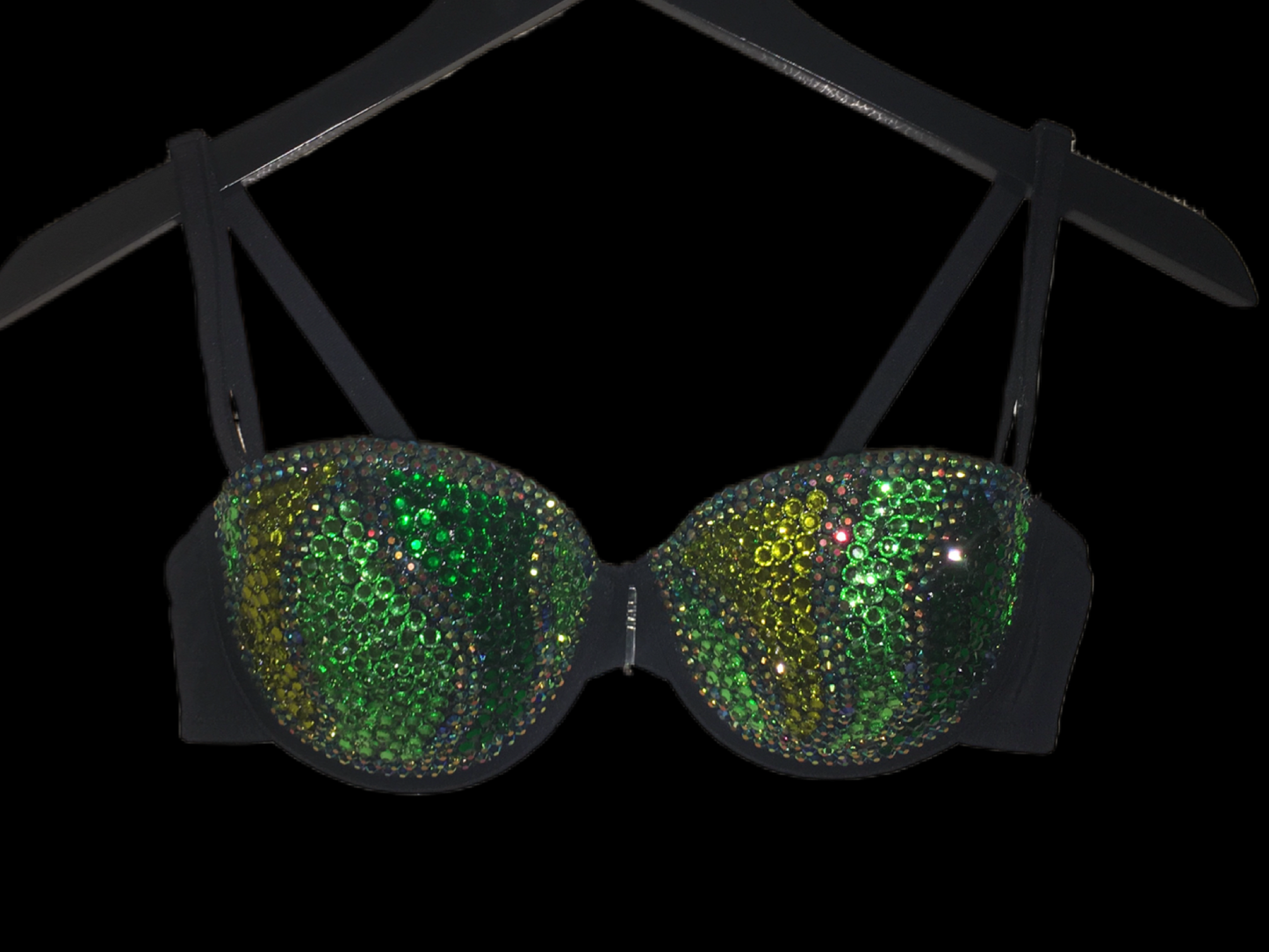 Green Mix Swirls Crystal Rhinestone Strapless Bra In Black