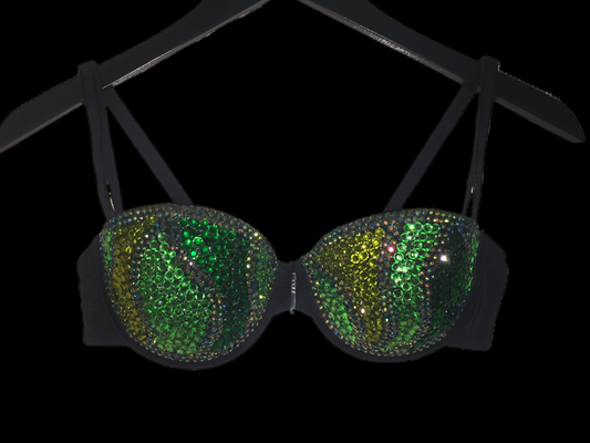 Green Mix Swirls Crystal Rhinestone Strapless Bra In Black