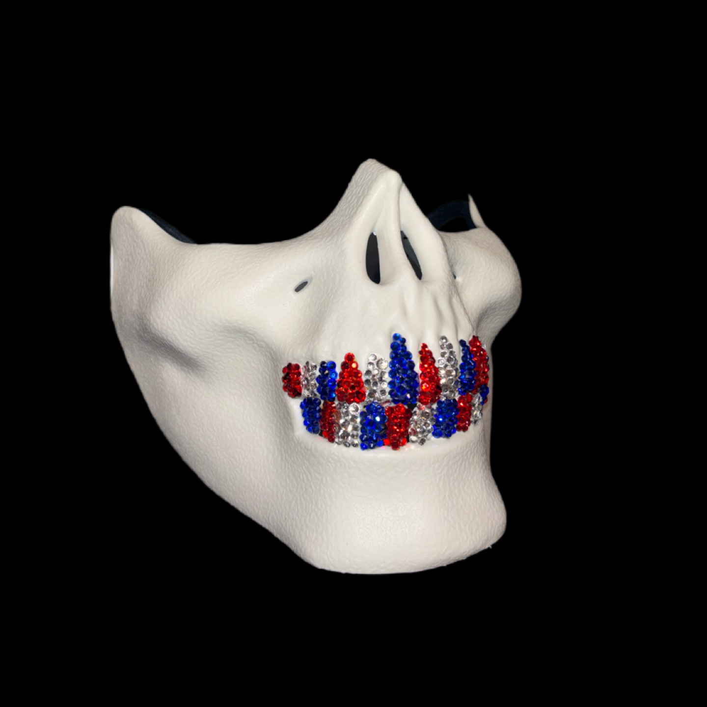 White Half Skull Mask With Sapphire Blue Red & Crystal Grillz