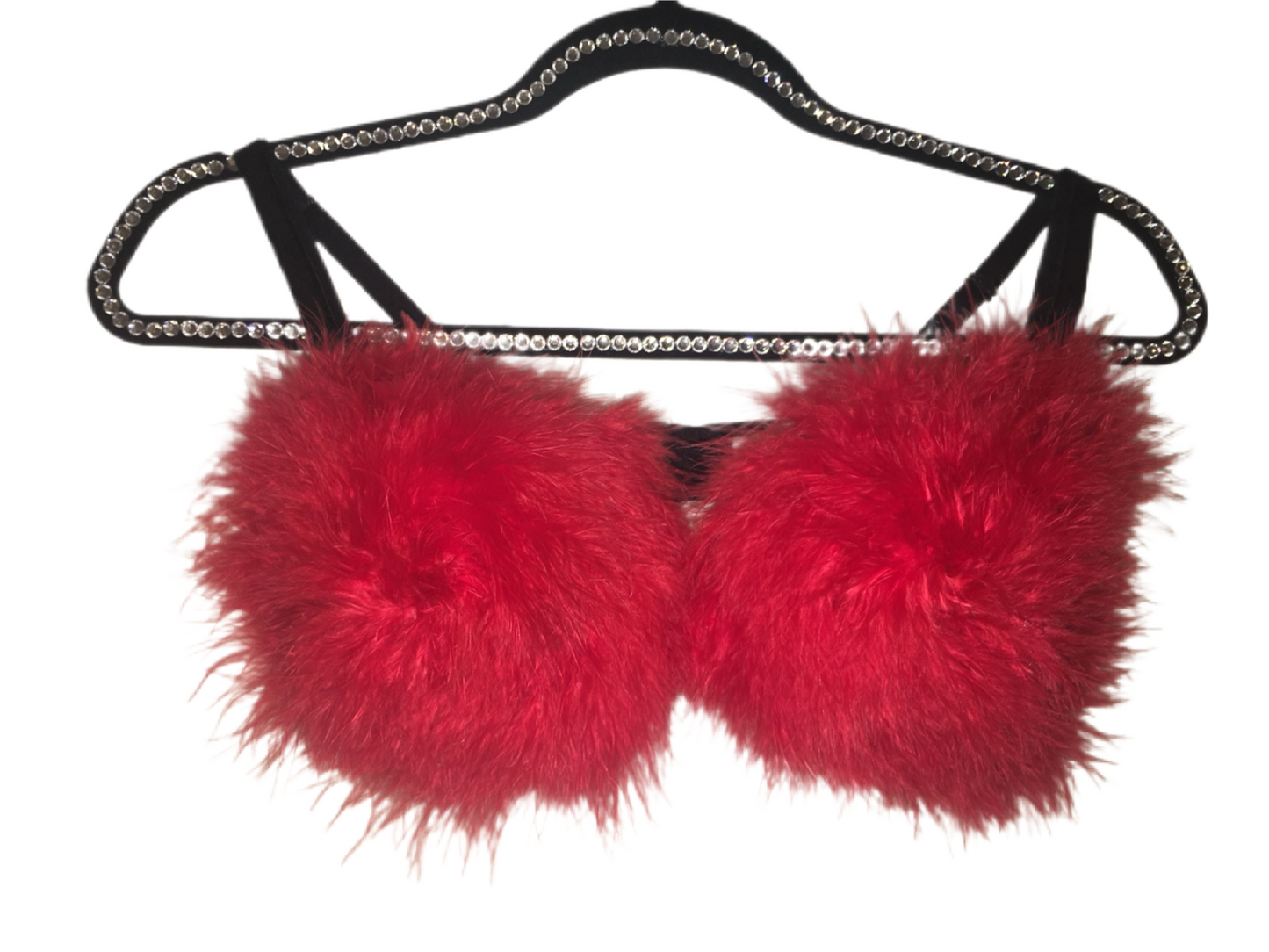 Red Fluffy Feather Bra In Black