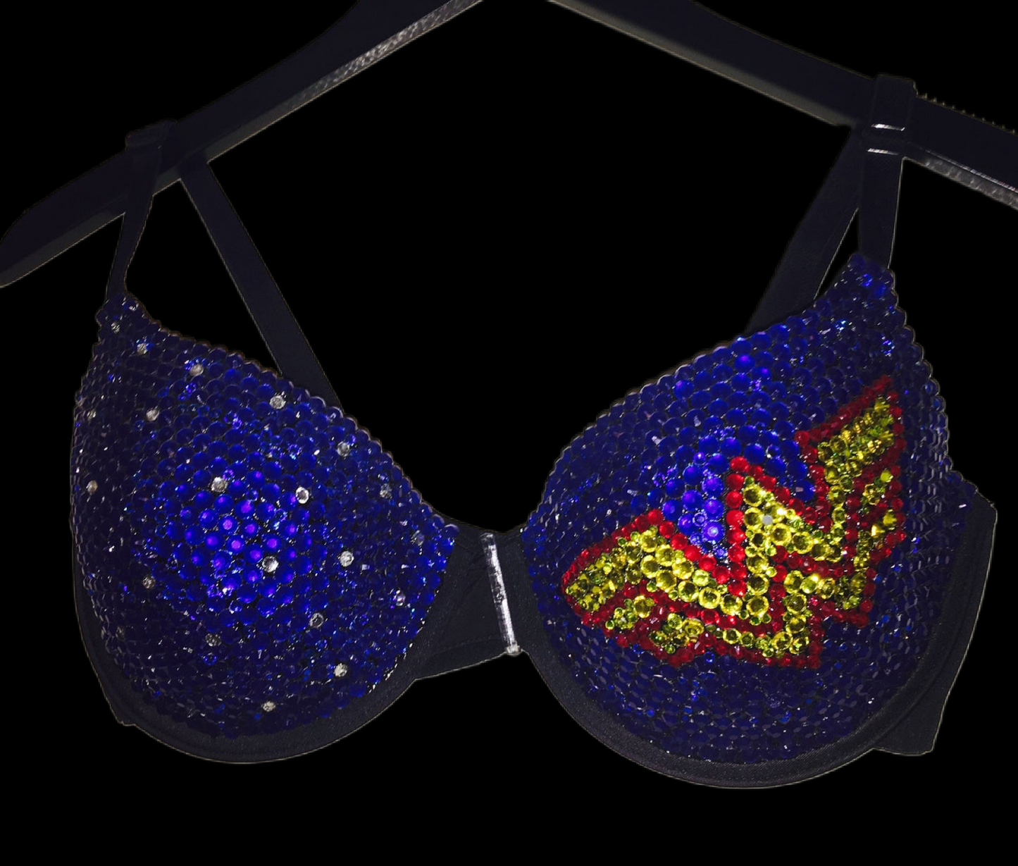 Red Yellow & Blue Crystal Rhinestone Comic Theme T-Shirt Bra In Black