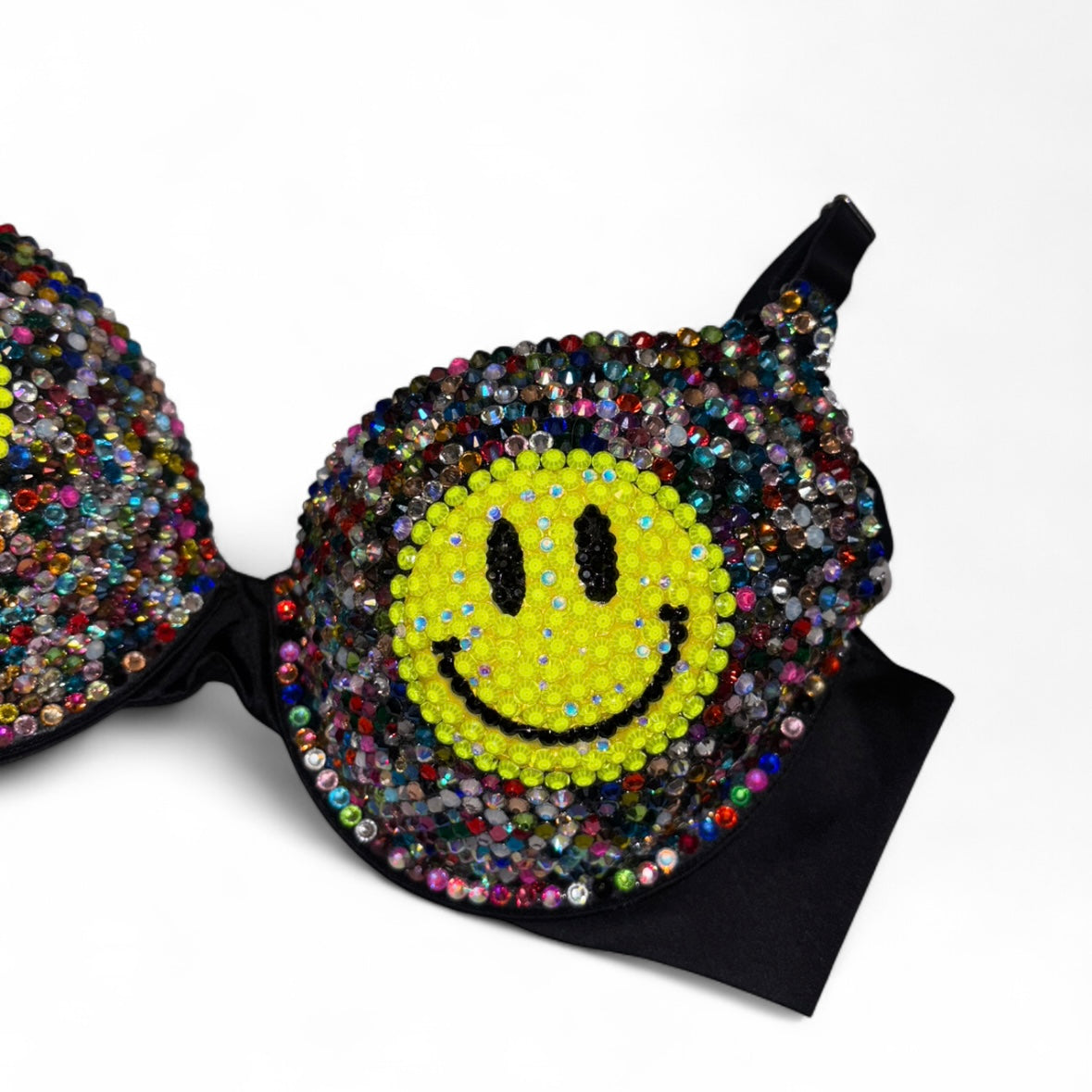 Smiley Face Multi Colour Black Crystal Bra Top Size 34B
